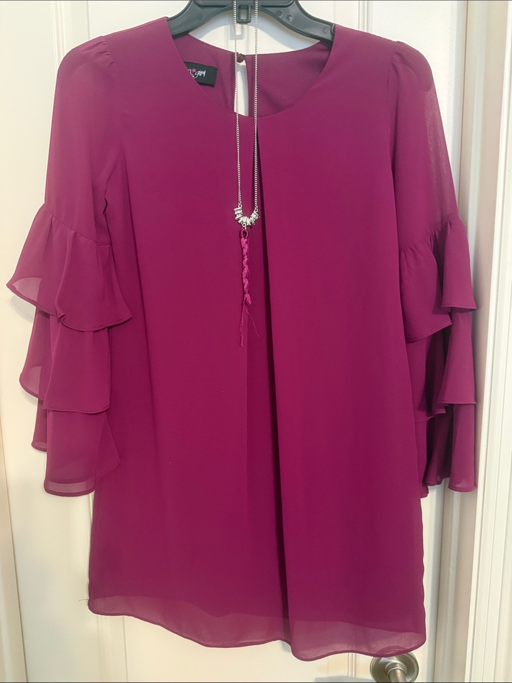 Girls Magenta Ruffle Sleeve Dress